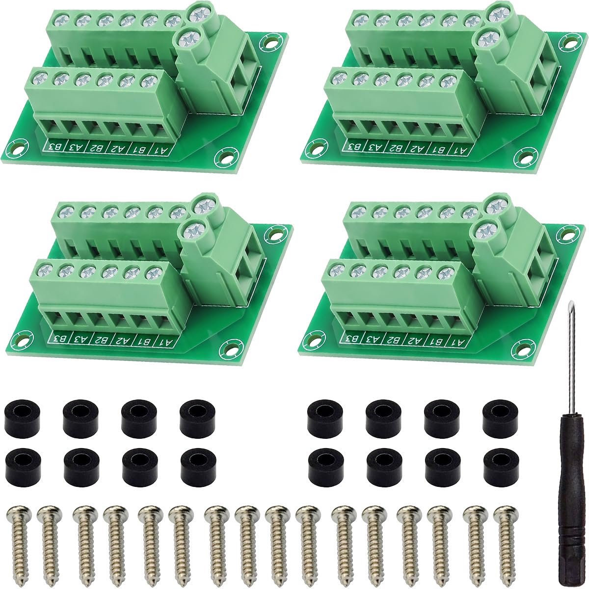 4 stuks stroomverdelingskaart 2 x 6 AC/DC 300 V 10 A AWG 16-24 eenkanaals ingang met schroevendraaier, schroeven en nylon afstandhouders