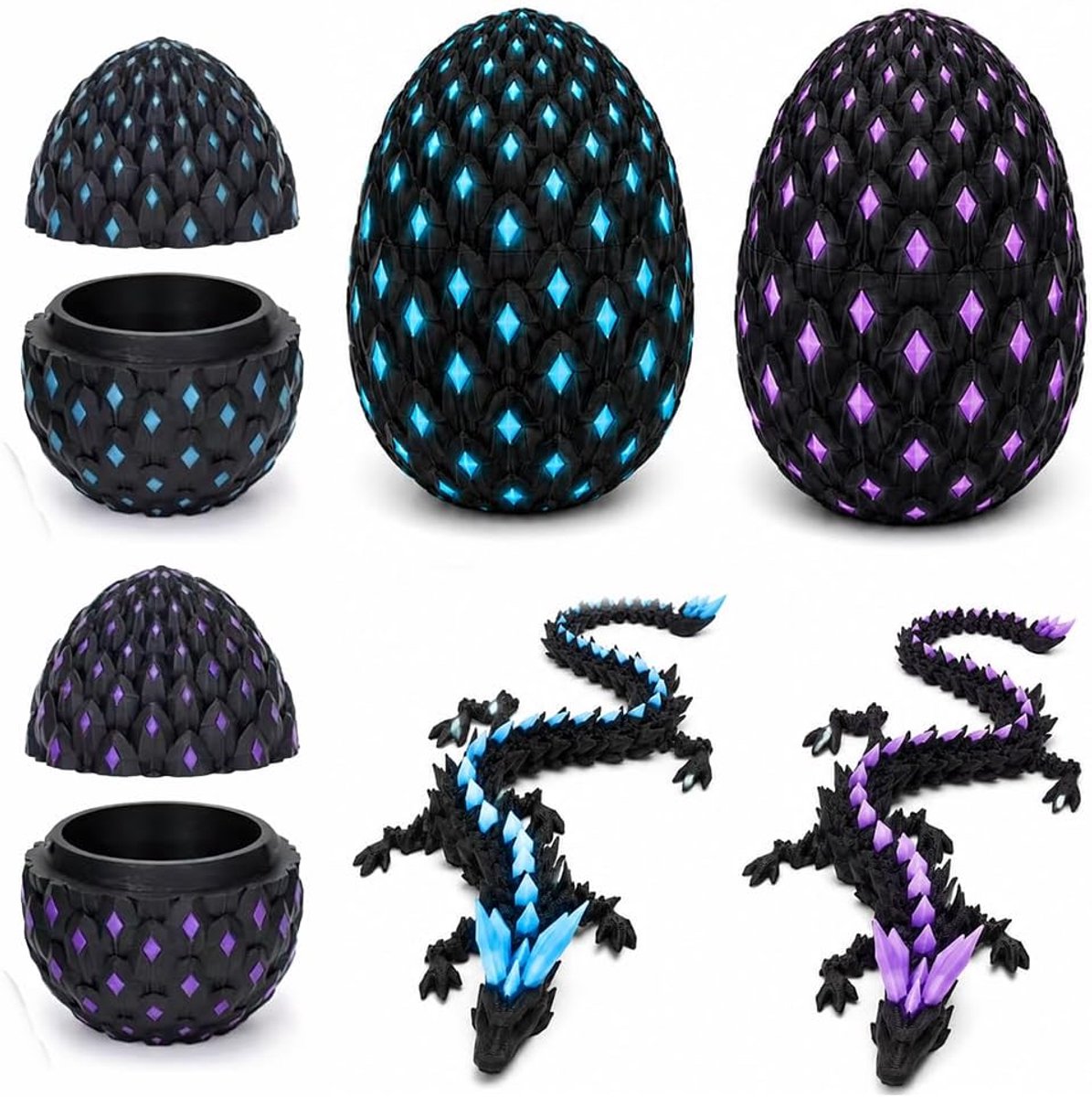 2 stuks drakeneieren met draak, 3D-gedrukte drakenei, 3D-draak in ei, lichtgevend drakenei voor volwassenen, fantasie-fans (blauw + paars)
