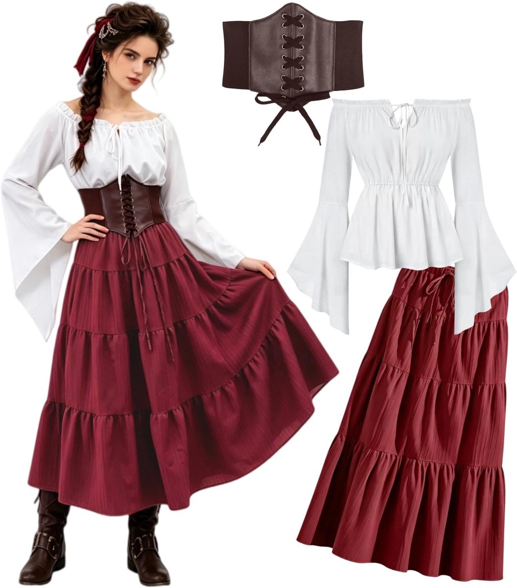 kasahara Middeleeuwse kleding voor dames, renaissance-jurk voor dames, off-shoulder blouse en rok met korset, retro, feeën, piraten, heksenkostuum voor Halloween, kameval, LARP