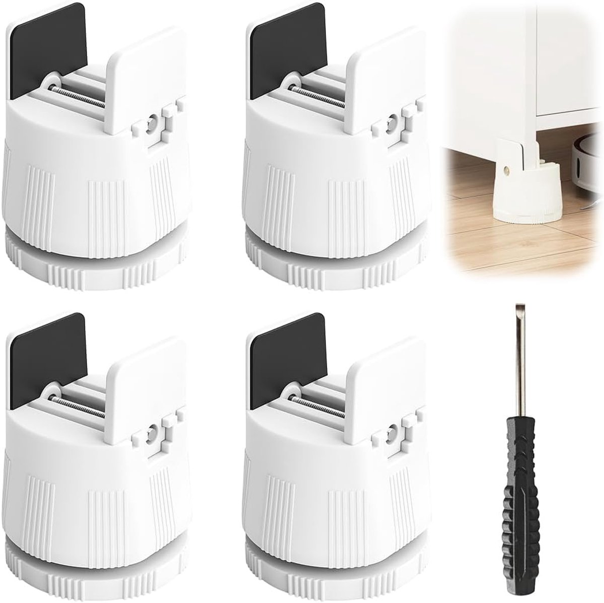 4 Stuks Verstelbare Meubelverhogers 6-8 cm, Bedverhogers met Schroefklem voor 10-50mm Breedte, Stoel, Tafel, Bank Verhogers, Roestvrij en Antislip (Wit)