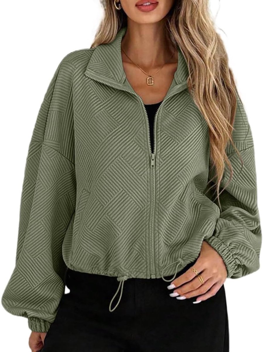 Damesjas met lange mouwen, ritssluiting, jacquard, casual sweatshirt met trekkoord