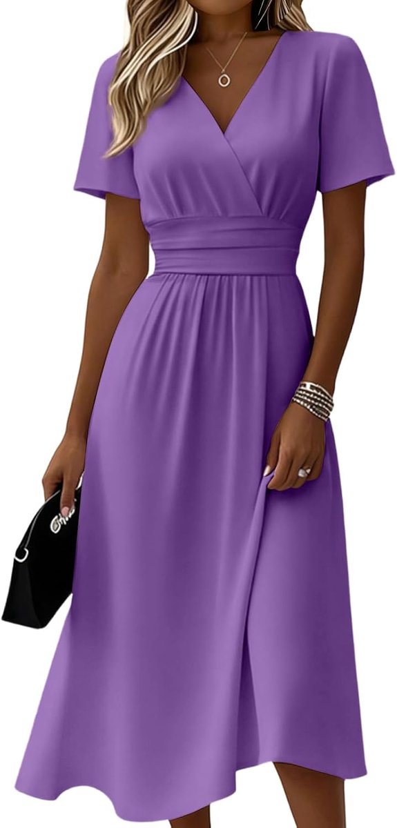Kleider Damen Sommer Lang Tailliert Sommerkleid Damen Elegant Midi Kleid A Linie Festlich Curvy Sommerkleider Leicht Und Luftig Midikleid Frauen V Ausschnitt Kurzarm Strandkleid