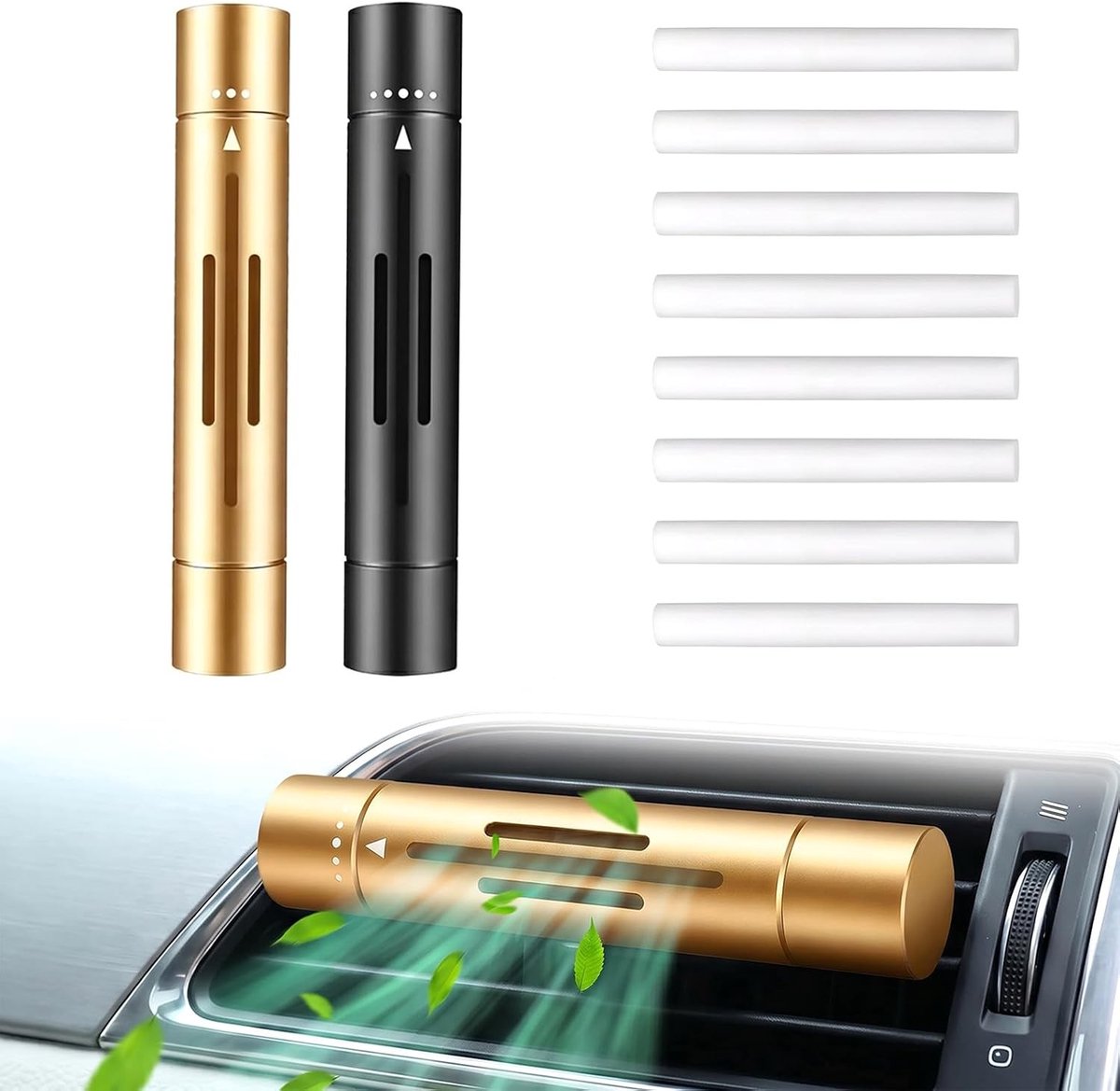 Geurdiffuser voor etherische oliën in auto, met 8 navulpads, stijlvolle interieuraccessoires en ventilatieoplossingen (goud + zwart)