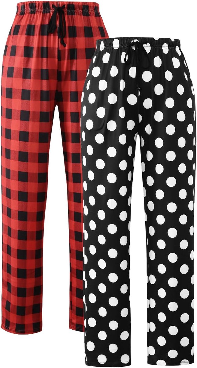 Pyjamabroek voor dames, lange geruite pyjamabroek, stretch, vrijetijdsbroek, zachte slaapbroek met zakken, verpakking van 2 stuks