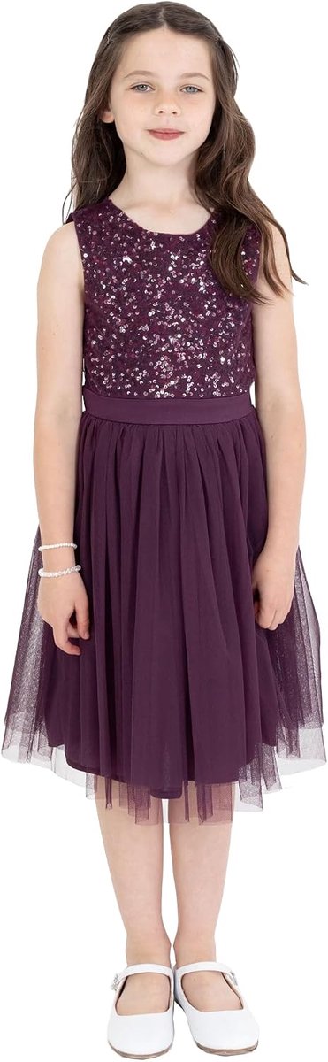 Deluxe Midi-jurk voor meisjes, pailletten, feestjurk, tutu, bruidsmeisjes, bruiloft, met ceintuur, Bessen, 3-4 jaar