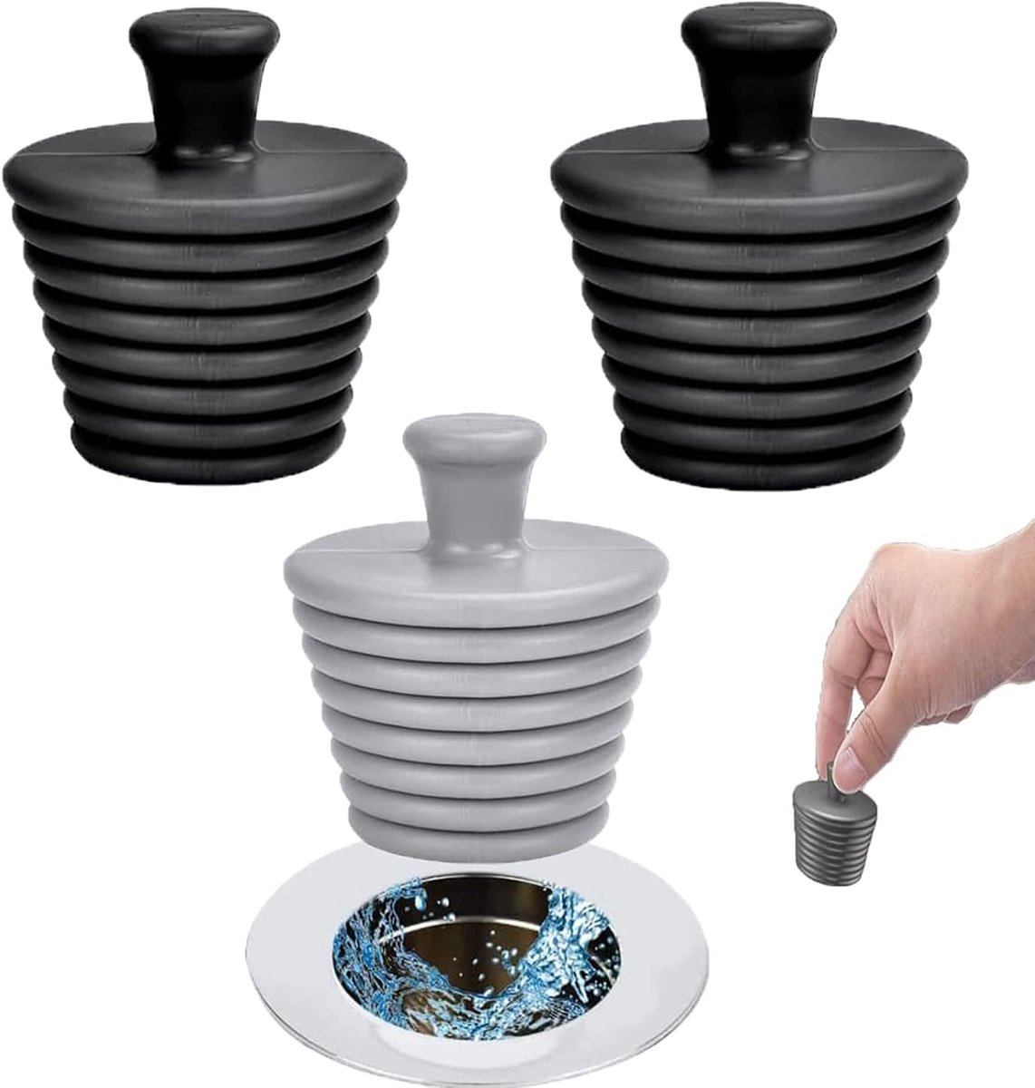 3 stuks gootsteenafvoerstop, universele spoelbakstop, siliconen stop, universele siliconen gootsteenstop, universele stop, spoelbak voor keuken, bad en wastafel (zwart, grijs)