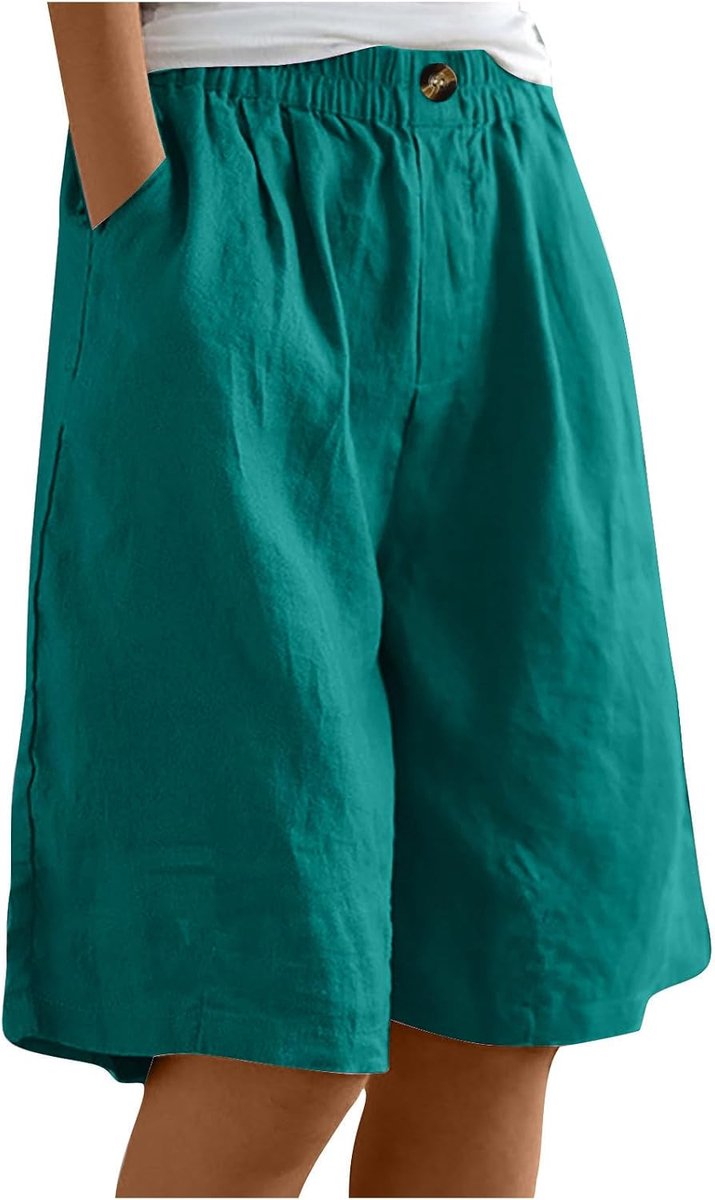 Bermuda Shorts Damen Sommer Leinen Musselin Hose Kurze Baumwolle Stoffhose High Waist Freizeithose Sommerhose Frauen Elegant Weite Bein Strandhose Leinenhose mit Gummizug und Taschen