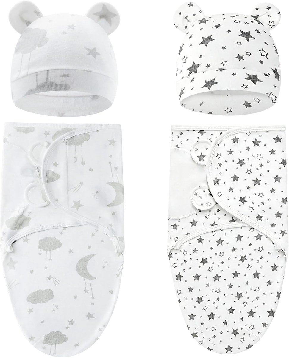 Inbakerdeken voor baby's van 0-3 maanden, 2-pack biologisch katoenen babyinbakerdoeken, pasgeboren inbakerdeken met hoeden, verstelbare inbakerdoeken, inbakerdoeken voor pasgeborenen, baby's