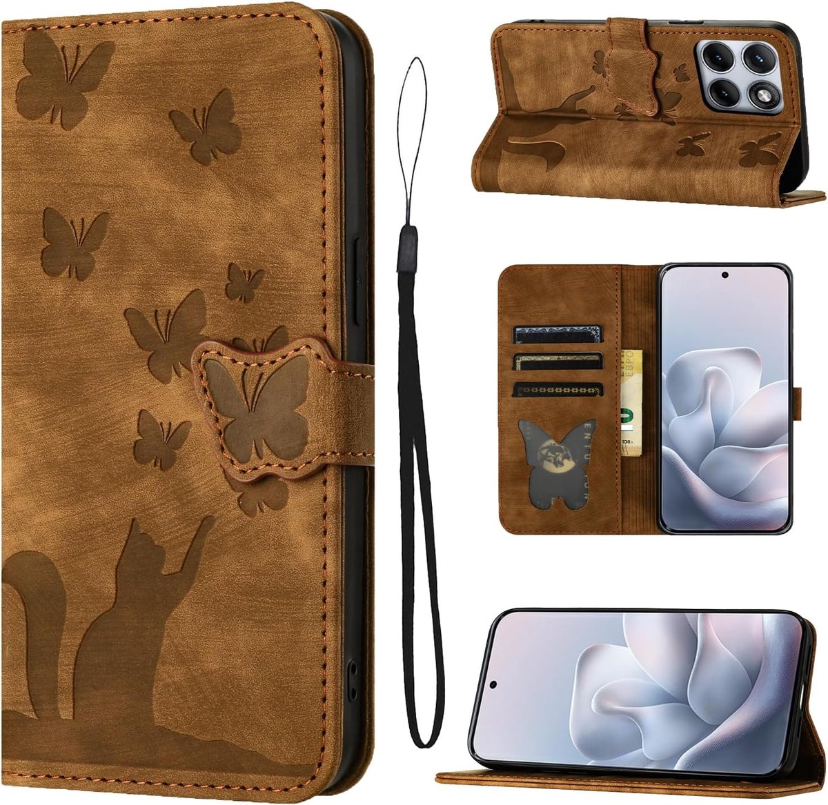 Telefoonhoesje voor Motorola Edge 70 Fusion 6,78 inch, PU-leer, vlinderkat, beschermhoes, hoes met kaartsleuven, inklapbaar, flip case, standfunctie, bruin