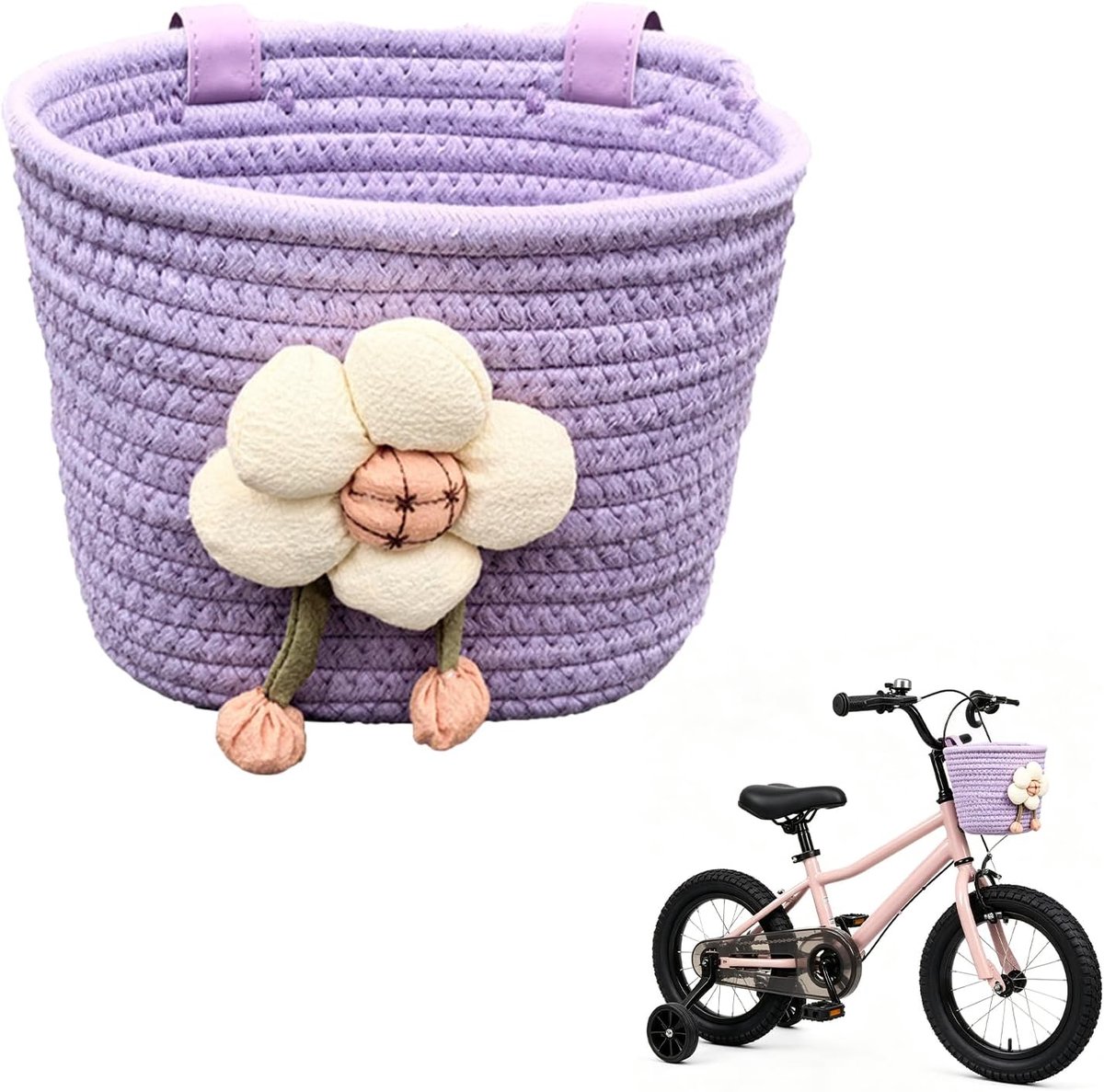 Klein, gevlochten, kinderfietsmand, voormand met bloemendecoratie, handgeweven fietsmand voor stuur, fietsaccessoires, mand voor sleutels, mobiele telefoon