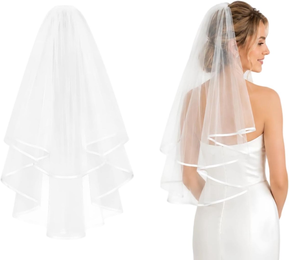 Bruidssluier voor bruiloft, kort, elegant, bruid, tule, handgemaakte parels, strass, bruidssluier met parels, wit/ivoorkleurig, zachte tule, sluier, bruidssluier