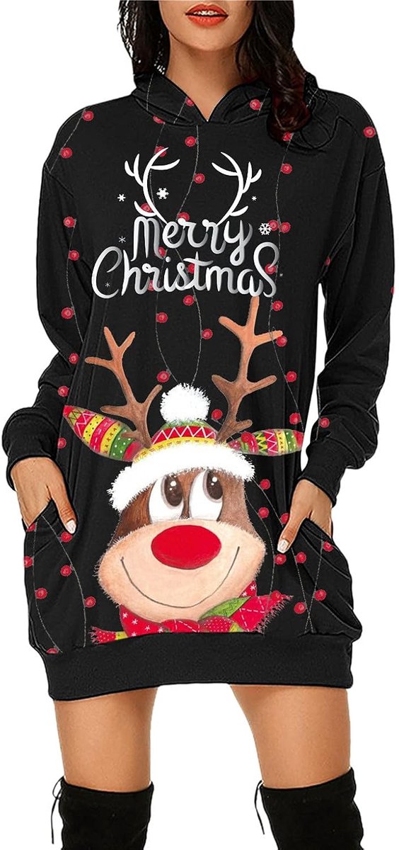 Weihnachtspullover Kleider Damen Rot Weinglas Lang Kapuzenpullover Weihnachten Pullover Sweatshirt Weihnachts Hoodie Lang Baumwolle Sweatkleid Weihnachtskleid Weihnachtspulli Christmas Sweater Frauen