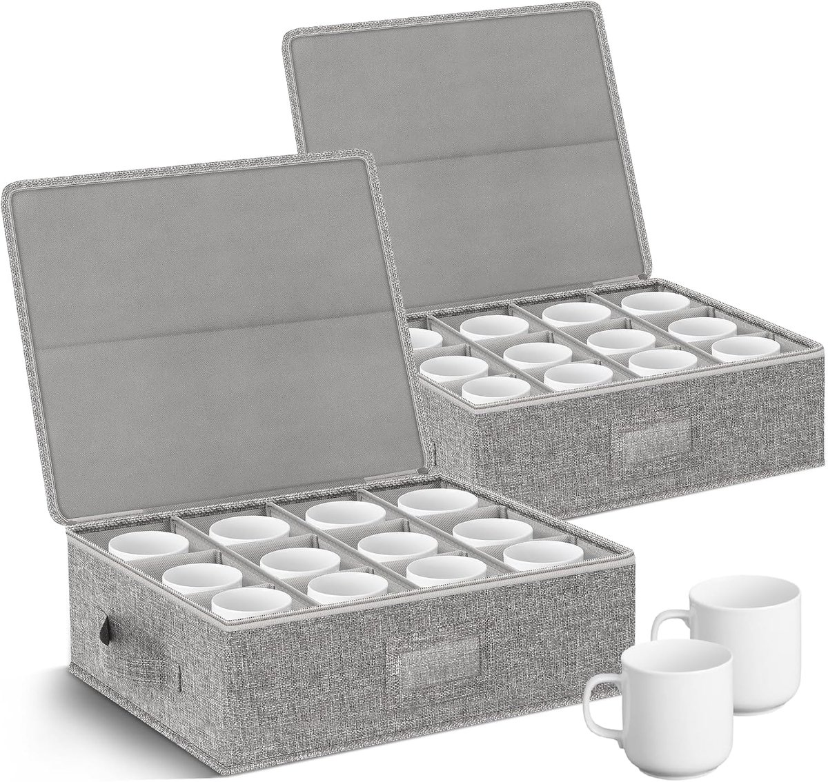 Opbergdoos voor koffiekopjes, set van 2 met scheidingsvakken, opbergdoos, organizer voor verhuisdozen, harde schaal en stapelbaar voor koffiekopjes, theekopjes met stevig deksel en handgrepen, 24