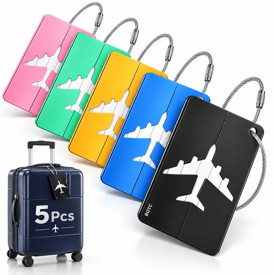 BOTC Reiskoffer - Aluminium Bagagelabel - 5 stuks Kofferlabel - Reisaccessoire - Naamlabel - NEO