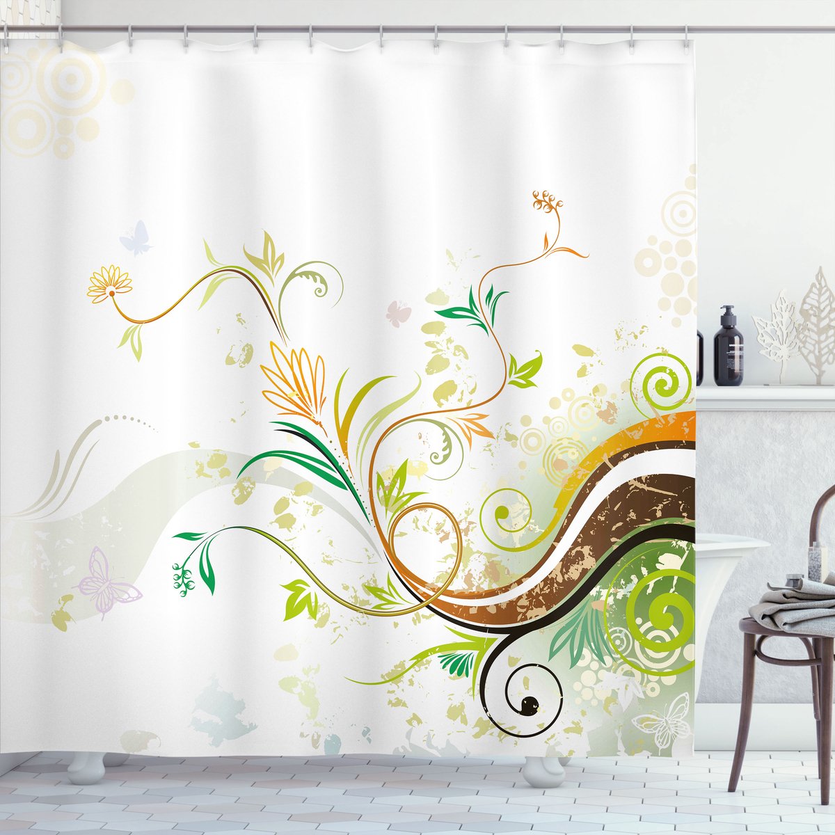 ABAKUHAUS Bloemen Douchegordijn, Bloemen Efeublätter Ivy, Stoffen Badkamerdecoratieset met Haken, 175 x 200 cm, Aarde Geel Bordeaux