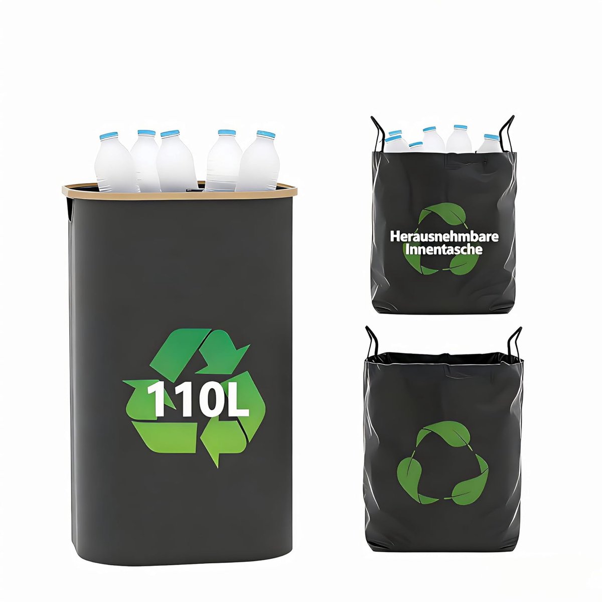 110L opvouwbaar met deksel, inclusief 2 opbergzakken, sorteerbak voor glas, blikken en statiegeldflessen, wasbaar en herbruikbaar model