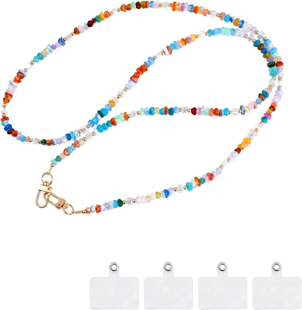 telefoonkoord met 4 patches, kleurrijke kristallen telefoonriem en natuursteen, telefoonketting met schouderriem, anti-verlies, voor vrouwen en meisjes, meerkleurig