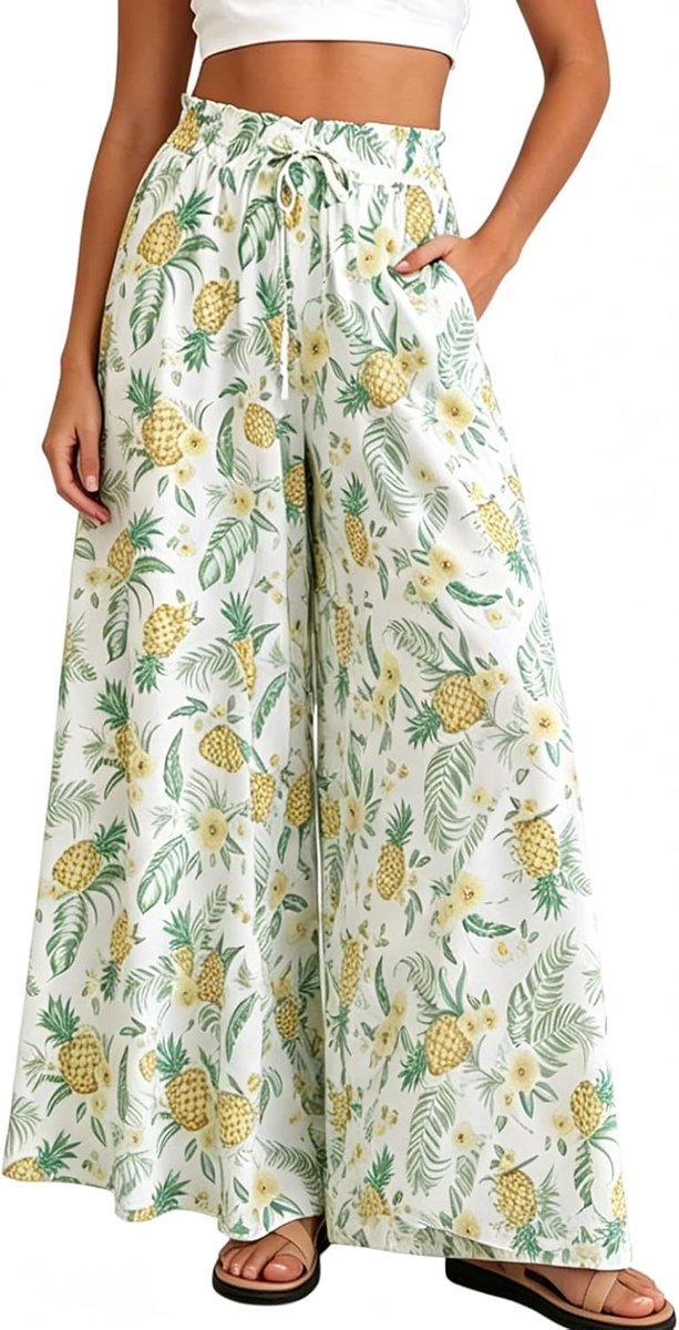 zomer, hoge taille, vloeiende palazzo-broek, brede pijpen, casual, licht, elegant, strand, casual broek met zakken en trekkoord