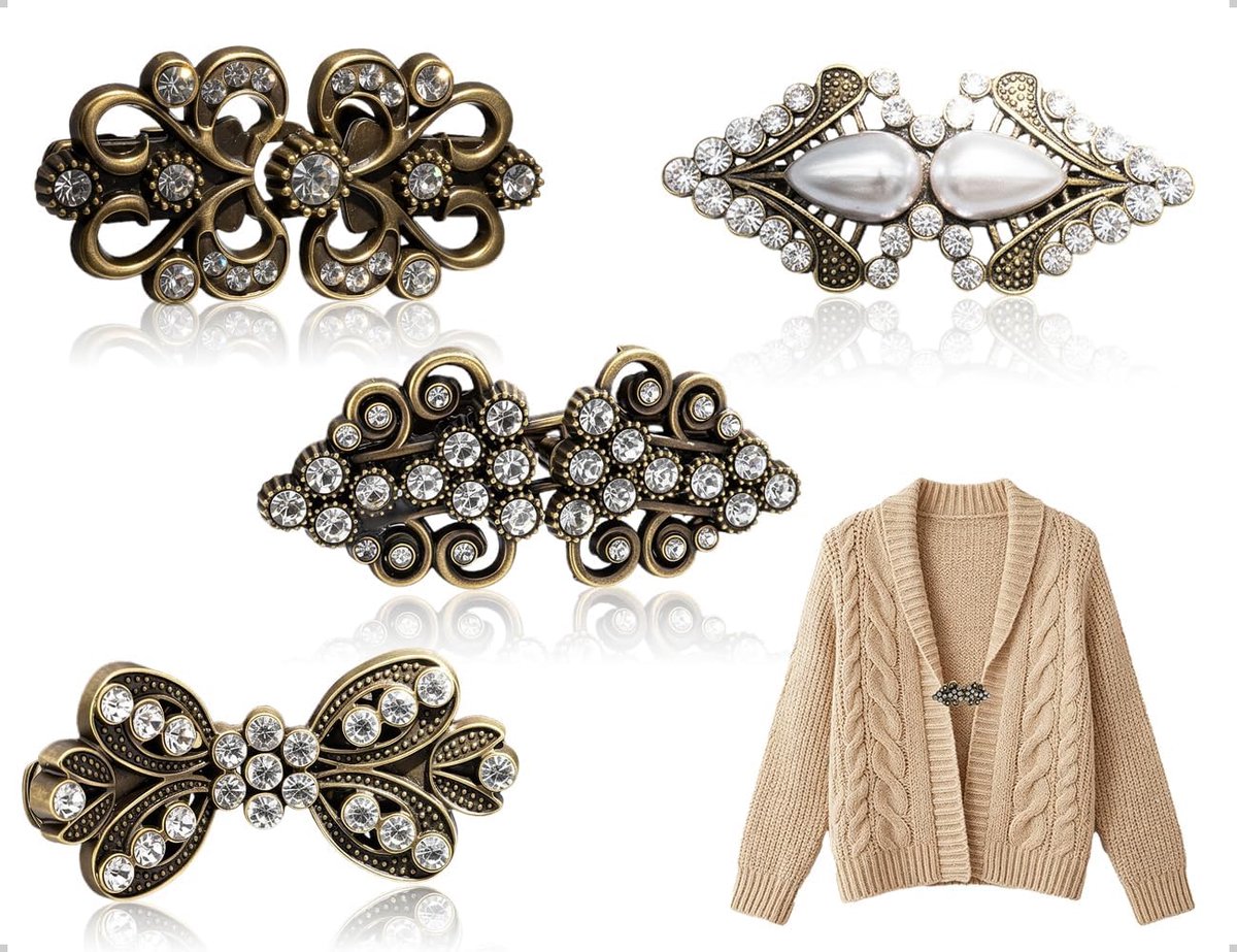 4 vintage clips voor vesten, clips van legering voor vesten met strass, vintage broches voor jassen en capes voor truien, jurken, sjaals, sjaals en overhemden
