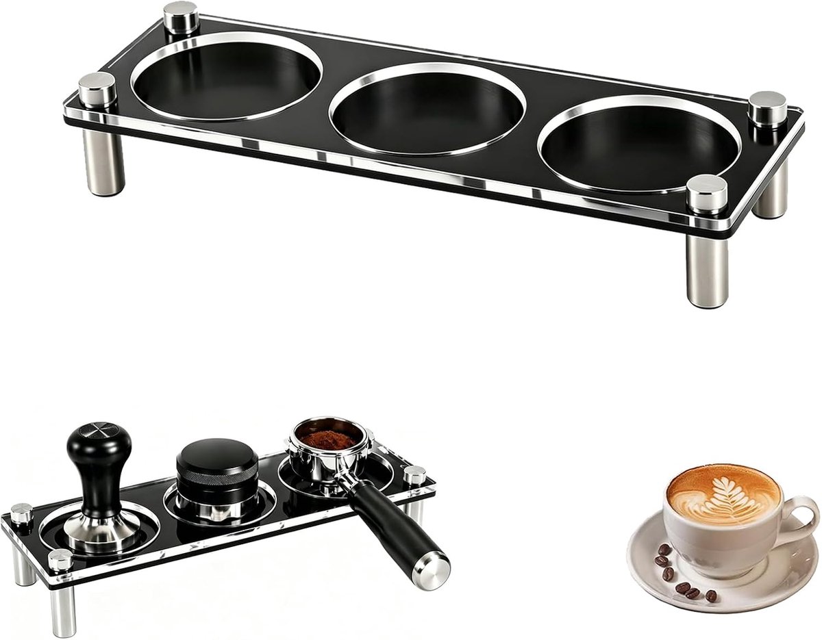 Tamperstation, rek, werkblad, tamping station, rek, barista-accessoires, acryl, tamperstation 58 mm met roestvrijstalen steunen voor 51-58 mm tamper, zwart transparant