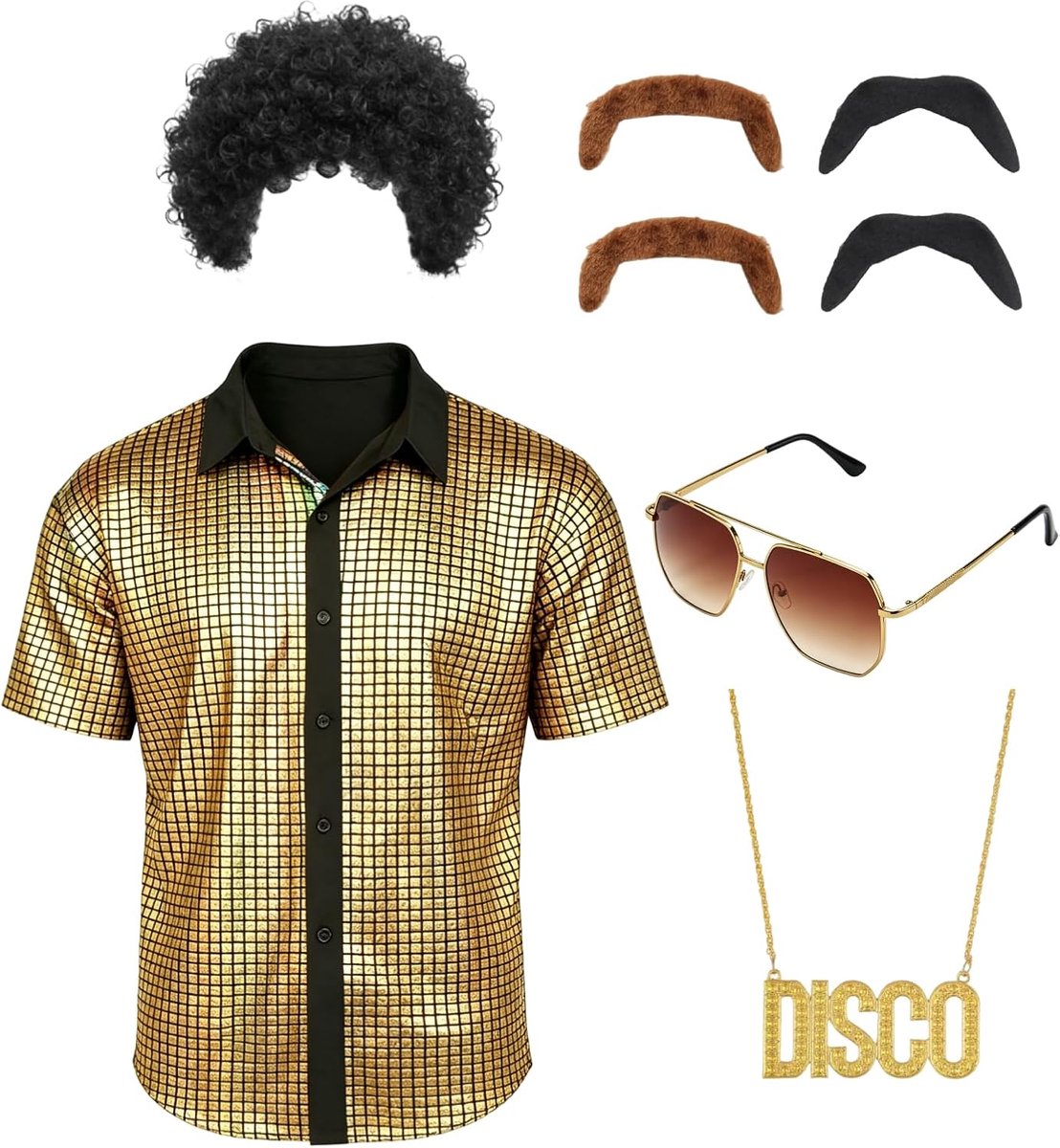 '70 disco outfit set, hippie herenkostuum met bovenstukken, brillen, nepbaard, halskettingen, pruiken, jaren 80, carnaval, voor jaren 50, 60, 70, cosplay, Halloween, feestkostuum
