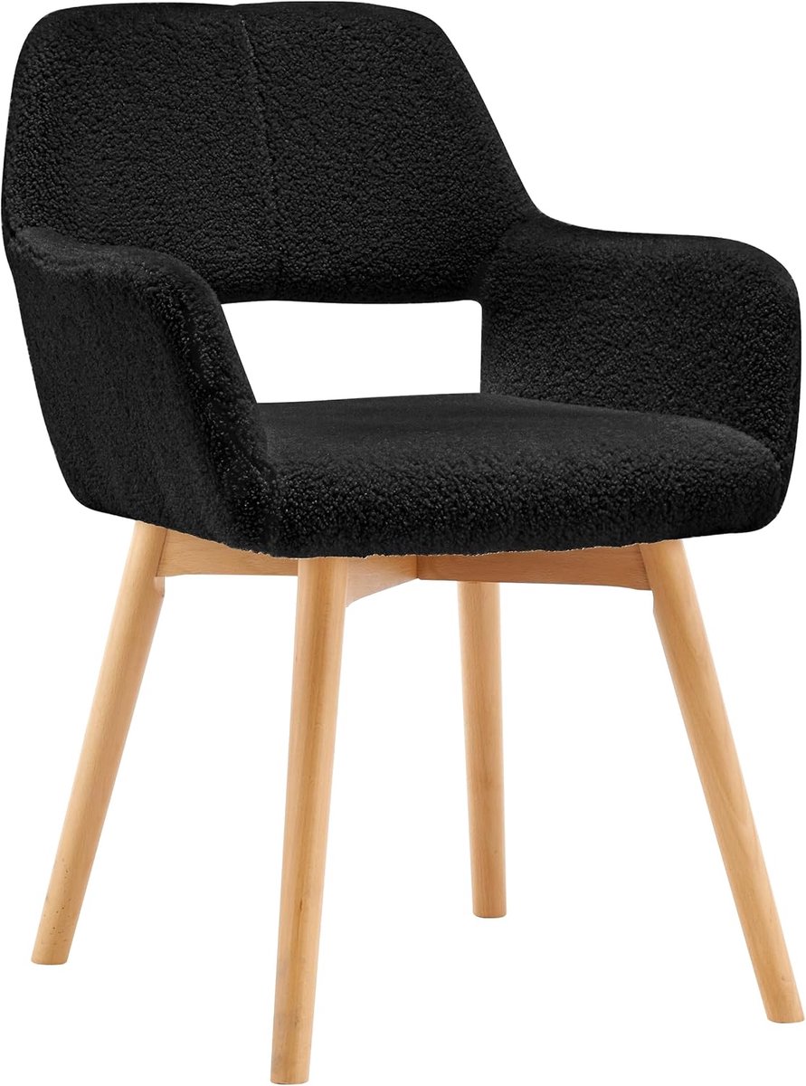 Bureaustoel zonder wielen, comfortabele bijzetstoel voor woonkamer, eetkamer, slaapkamer, thuiskantoor, moderne gestoffeerde stoel met houten poten (zwarte wol)