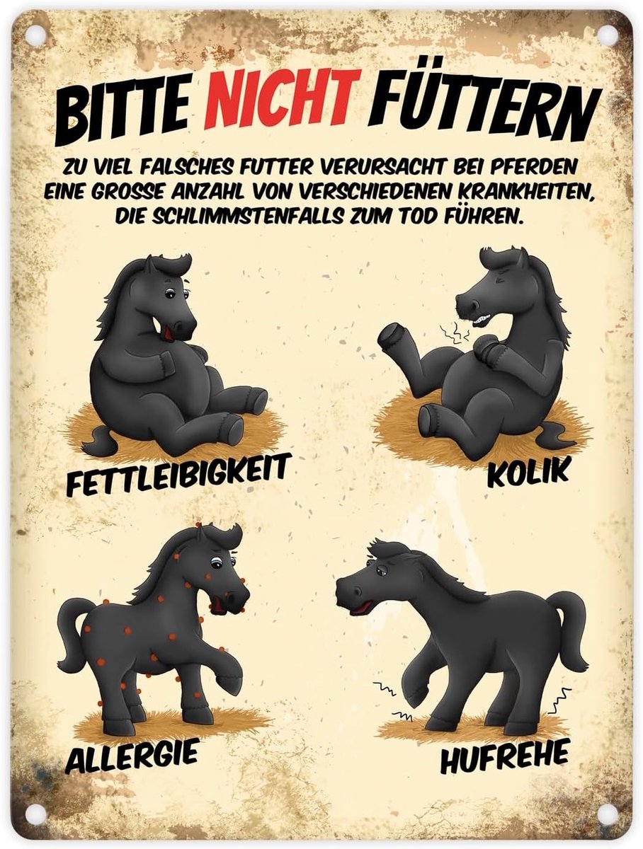 Trendaffe - Metalen bord met zwarte paarden motief en spreuk: Niet voeden