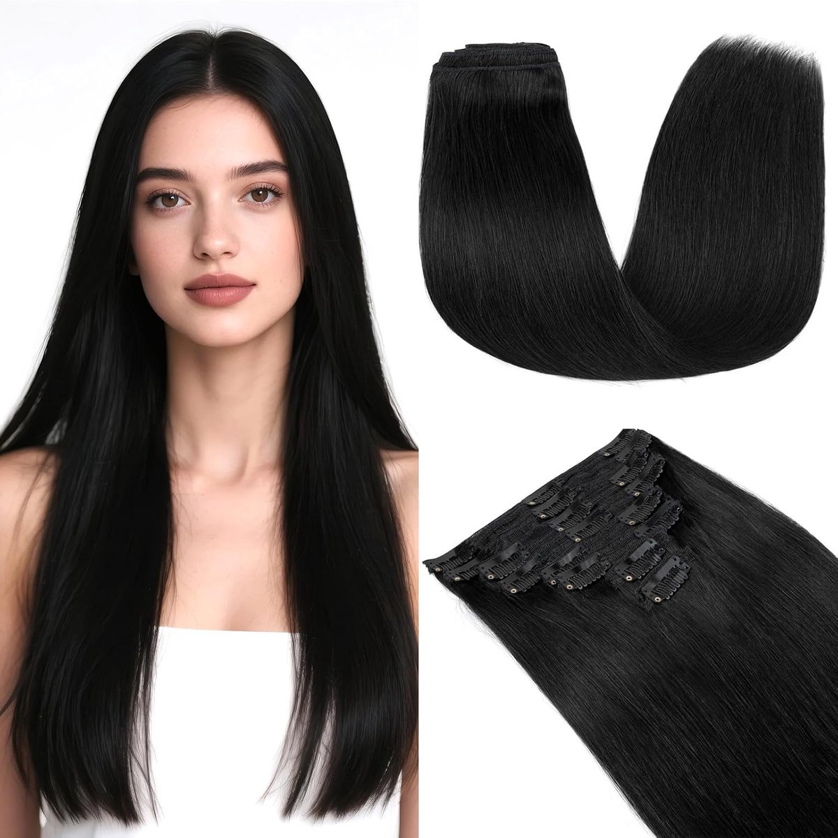 Clip In Extensions Natuurlijk Haar 8 Stuks 50cm Dubbele Genaaide Haarverlenging, Natuurlijk Haar Extensies voor Volledige Hoofd(#01 Zwart, 150g)