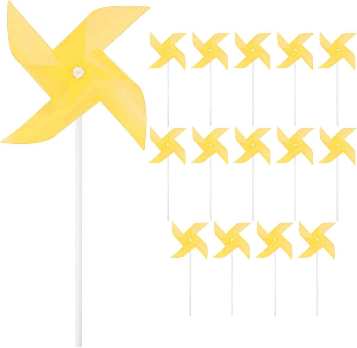Set van 15 regenboog-pinwheels met vier messen, 7,5 inch plastic windspinners buiten bloemenmolen voor feestdecoraties/tuin/tuin, speelgoed windspinners [geel]