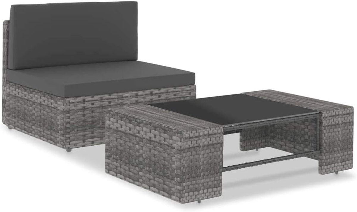 2-delige loungeset voor in de tuin, grijs met kussens, loungeset, zitgroep, tuin, bank, bank, poef, kruk, rotanmeubel, tuinbank, polyrotan, grijs en antraciet