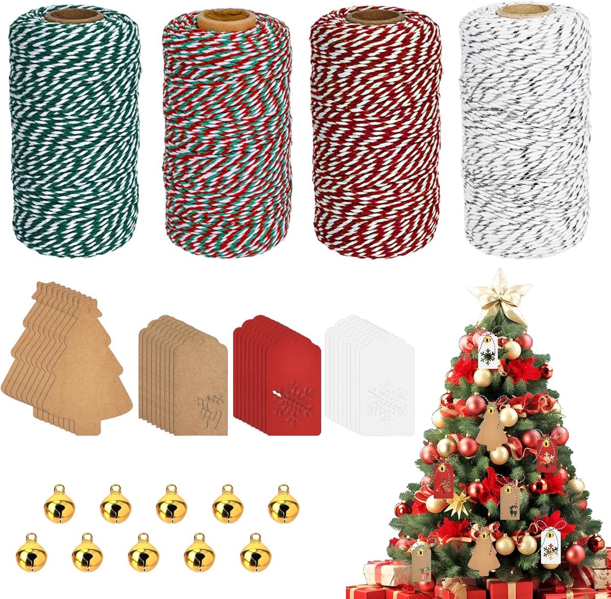 4 stuks kerst jute koorden en linnen touwrollen, 1312 voet linnen touw, kerstversieringen voor het verpakken van kerstcadeaus en knutselprojecten