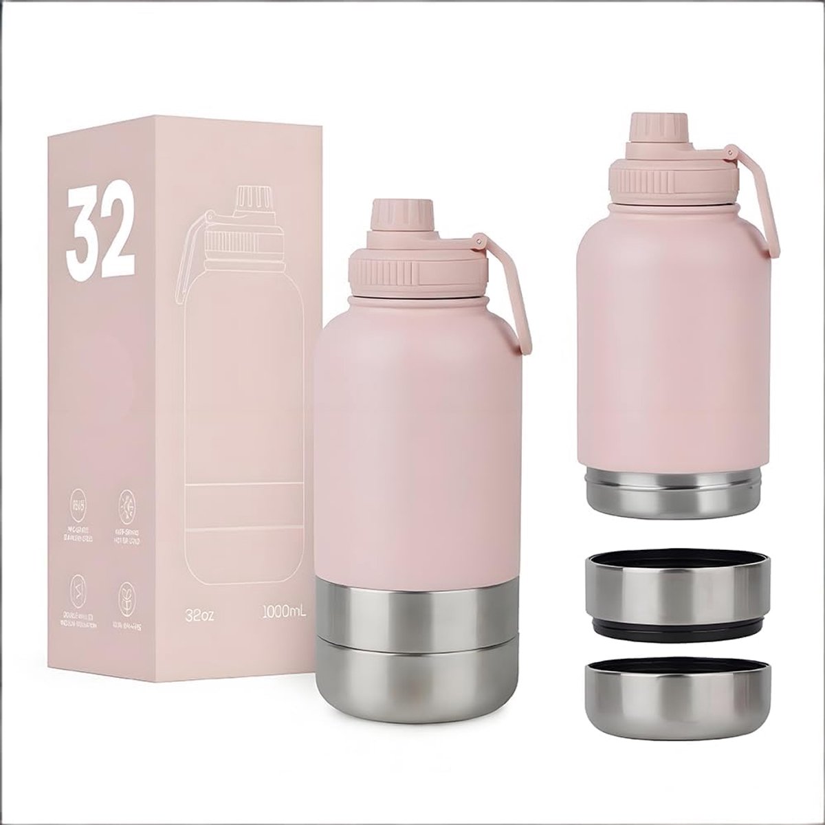 950 ml 3-in-1 hondendrinkfles voor onderweg, geïsoleerde roestvrijstalen drinkfles voor onderweg met voerbak en waterbak, thermosfles voor hond, voor reizen, outdoor, roze, L