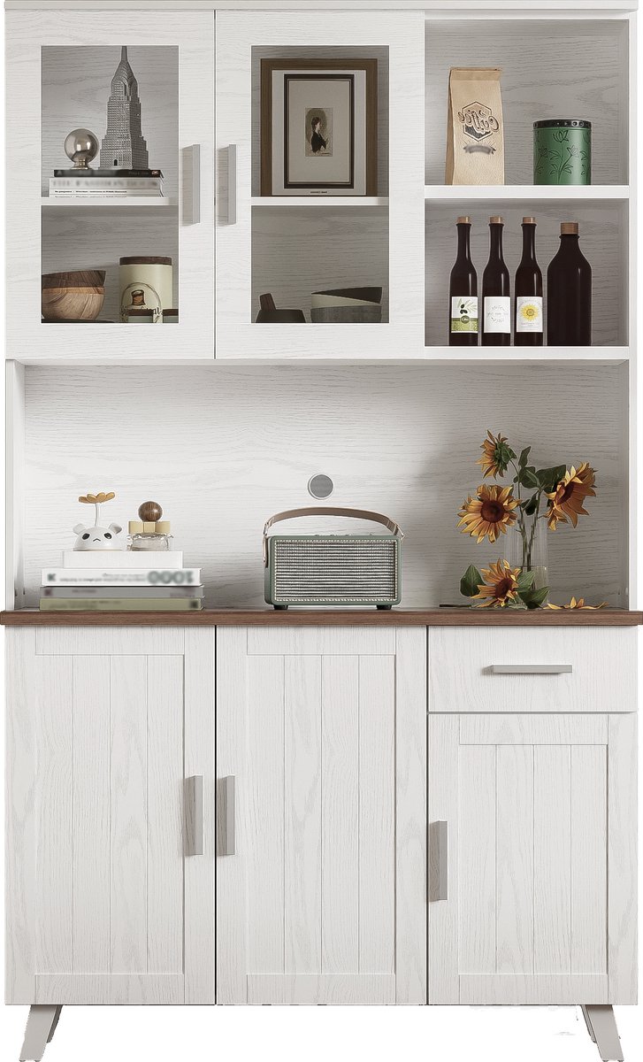 Sideboard Witte houtnerf hoge kast 114x40x190 cm - Grote opbergruimte - Geschikt voor woonkamer en eetkamer - Stevig en stabiel - Witte houtnerf afwerking - Hoge kast met deuren