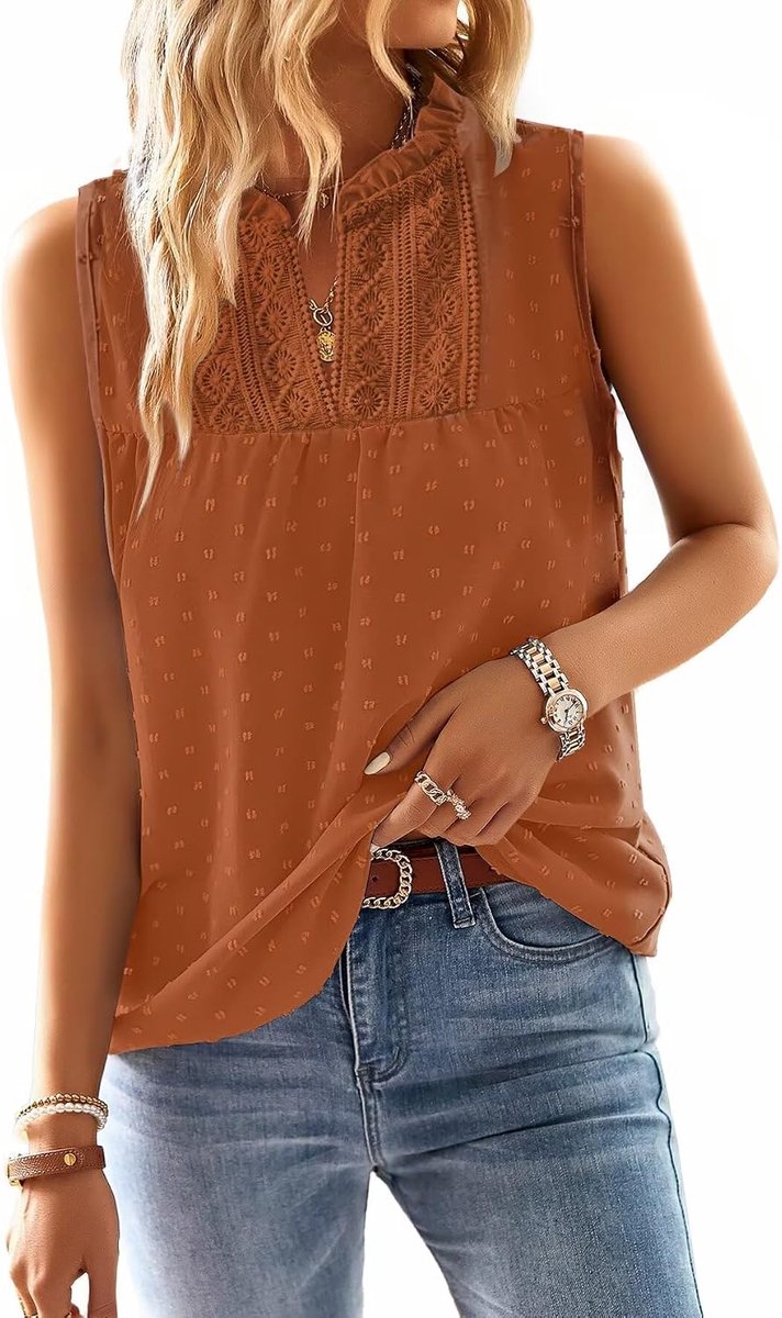 Tanktop Zomer Boho Bloes Mouwloos V-hals T-shirt Elegant Luchtig Casual Basic Outfit Kant