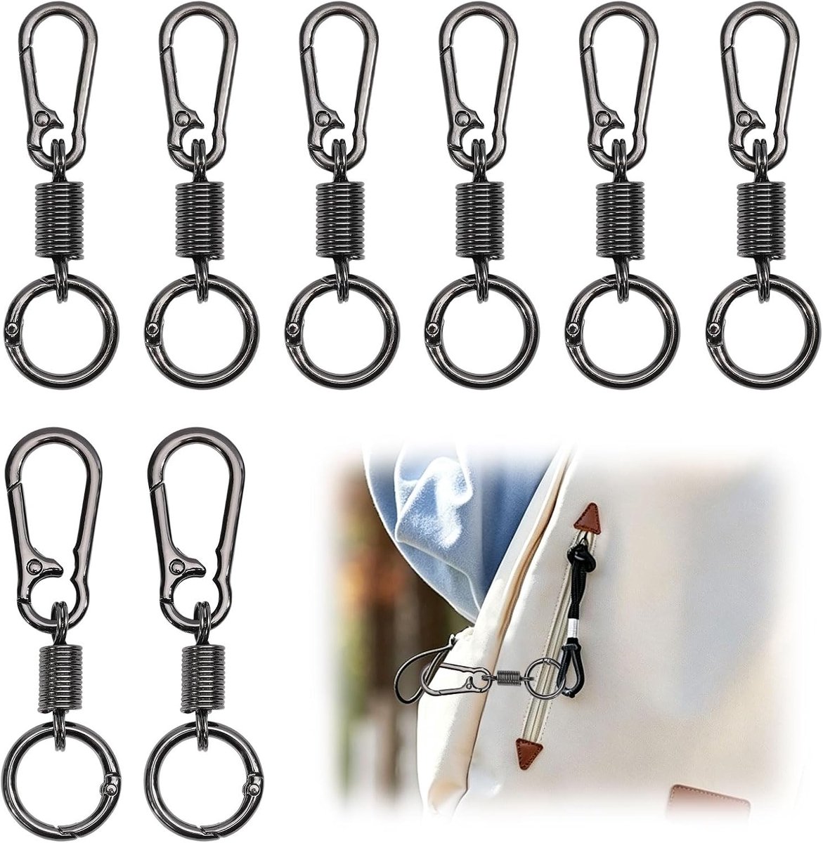 8 stuks diefstalbestendige ritssluitingclips, dubbele grote veerkarabijnhaken, ritssluitingssloten, dubbel te openen, veilige zaksluitingen (Gun Black)