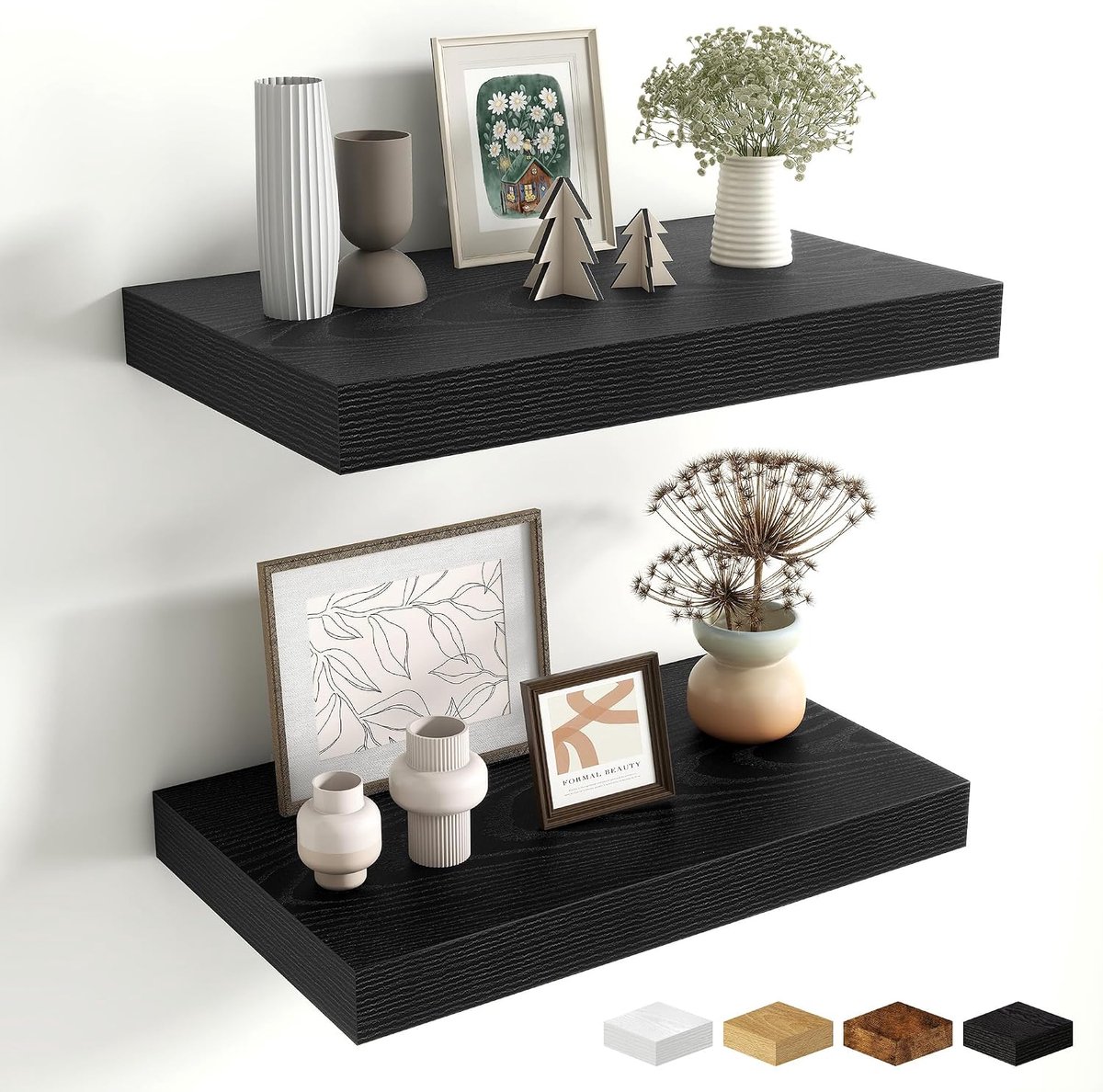 Zwevende planken voor muur - 10 x 16 zwevende plank - rustieke houten opbergplank - wandplanken met onzichtbare beugel - 40,6 cm boekenplanken voor woonkamer en slaapkamer - zwart - set van 2
