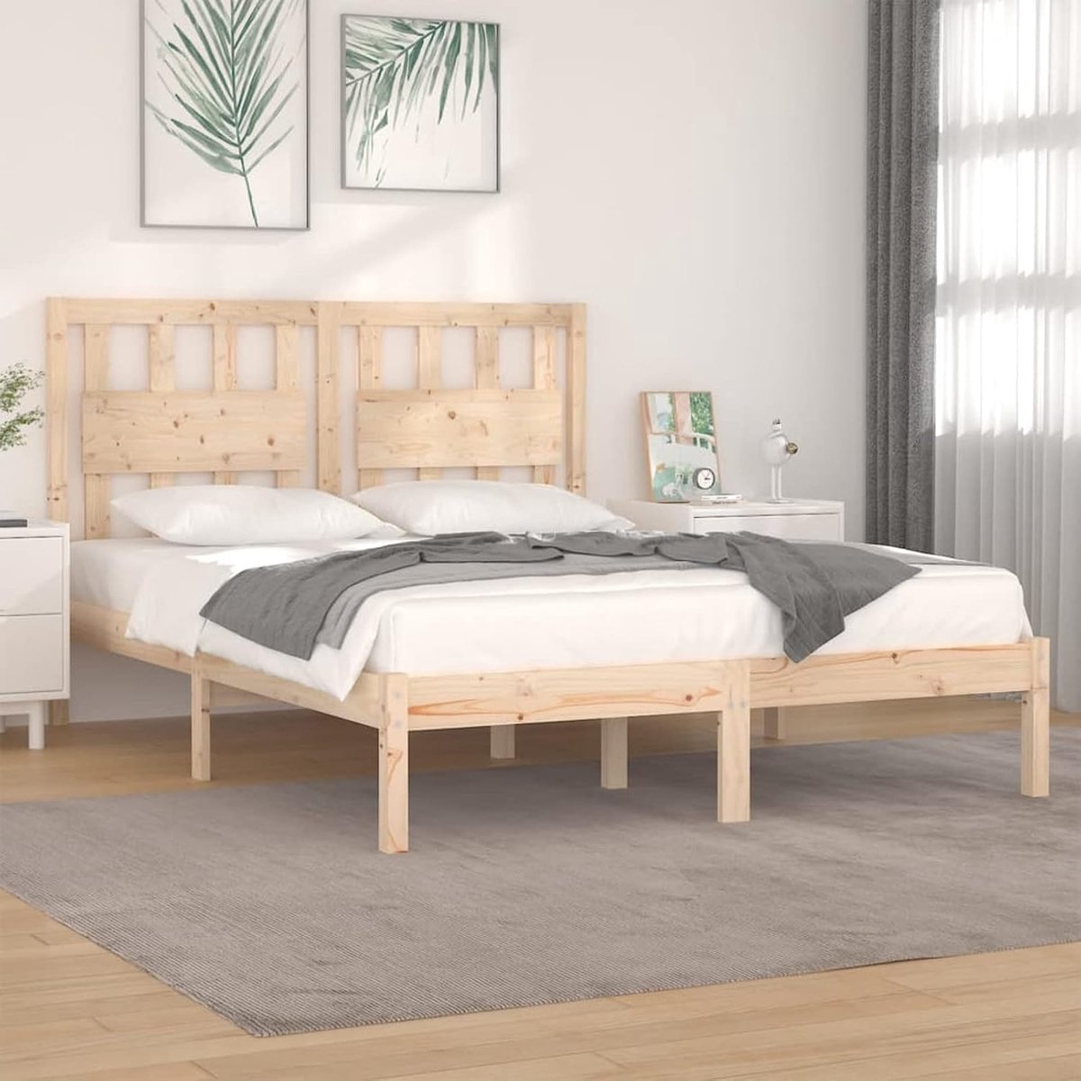 Bedframe, eenpersoonsbed, Frans bed, van grenenhout met lattenbodem, houten bed 120 x 190 cm, naturel