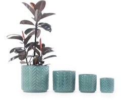Middelgrote keramische bloempot Ø31,5 cm - Glanzend aqua-blauw met visgraat reliëf - Ademend - Vorstbestendig - Met afvoergat - Voor middelgrote planten en keukenkruiden