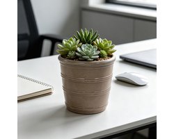 Enkele handgemaakte keramische plantenpot Ø 24 cm - ademend - vorstbestendig - met drainagegaten - glanzend taupebruin met horizontale ribbelstructuur - geschikt voor kleine kamer- en vensterbankplanten