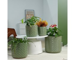 Middelgrote keramieken plantenpot Ø31,5cm - met drainagegat - luchtdoorlatend - voor kruiden & kamerplanten - saliegroen glanzend - visgraatrelief