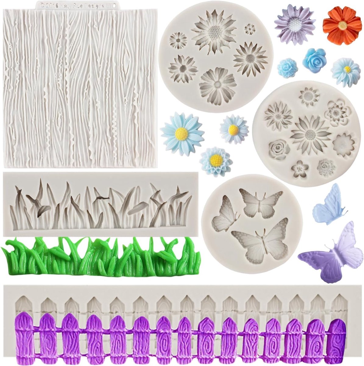Flower Siliconen Mallen Groen Gras Hek Fondant Mould Vlinder Chocolade Schors Mallen voor Suiker Cake Decoratie Cupcake Topper Snoep Polymeer Klei Gum Pasta Set van 6