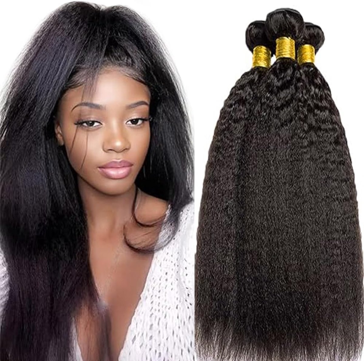 24 24 24 Inch Human Hair Bundles Yaki Straight Hair 1B Natural Black Bundles Human Hair Extensions Double Weft for Women Minimal Smell for Women 3 Bundles