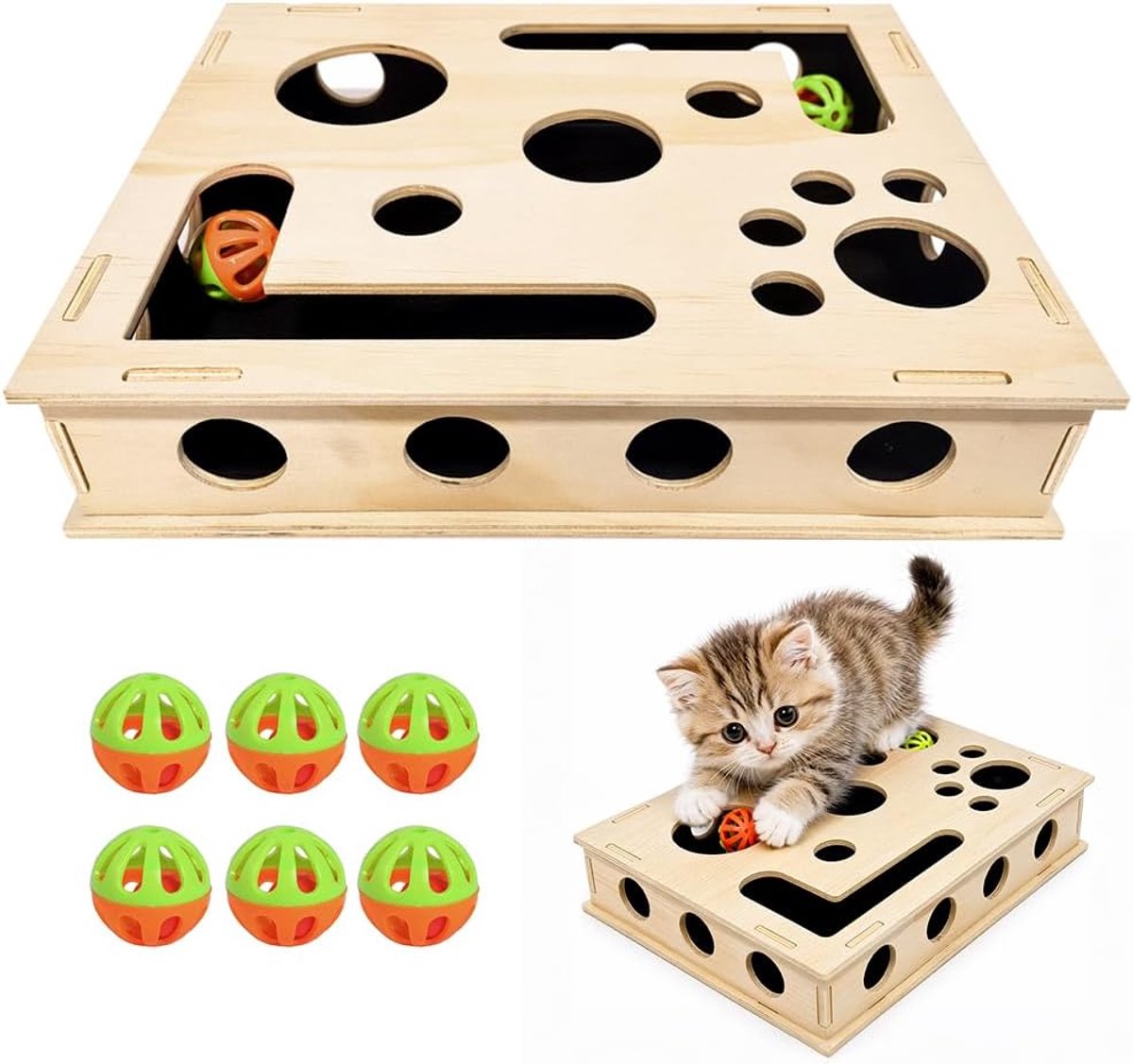 Verrijkingsbox met 6 ballen, 30 x 25 cm kattenkrabplank, krabpuzzel speelbox hout met krassen, interactief kattenspeelgoed, zelfbezigheid voor katten binnenshuis