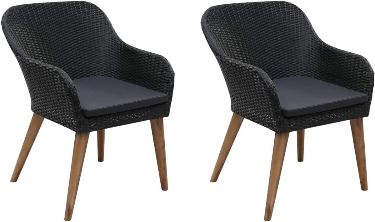 Set van 2 rotan stoelen, tuinmeubelen, terrasstoel, levering omvat 2 stoelen en 2 kussens, zwart