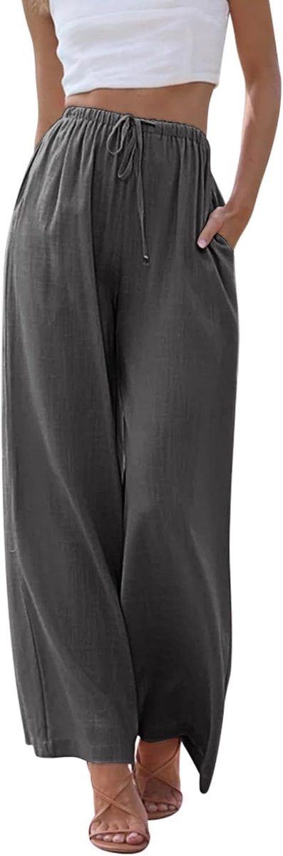 Linnen damesbroek, zomer, brede pijpen, strandbroek met elastische taillezakken, vloeiende palazzobroek, casual lichtgewicht loungebroek voor dames