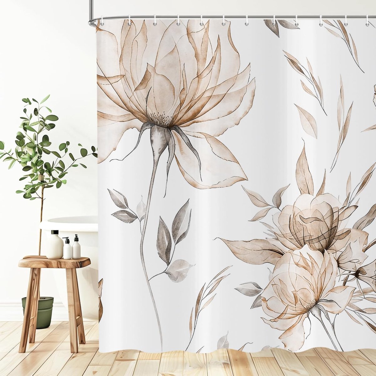 Douchegordijn met aquarelbloemen, 180 x 200 cm, kleurschilderstijl, lichtbruin, bloemen, bladeren, lente, planten, waterdicht, badgordijn, polyester, textiel, wasbaar, douchegordijnen voor bad