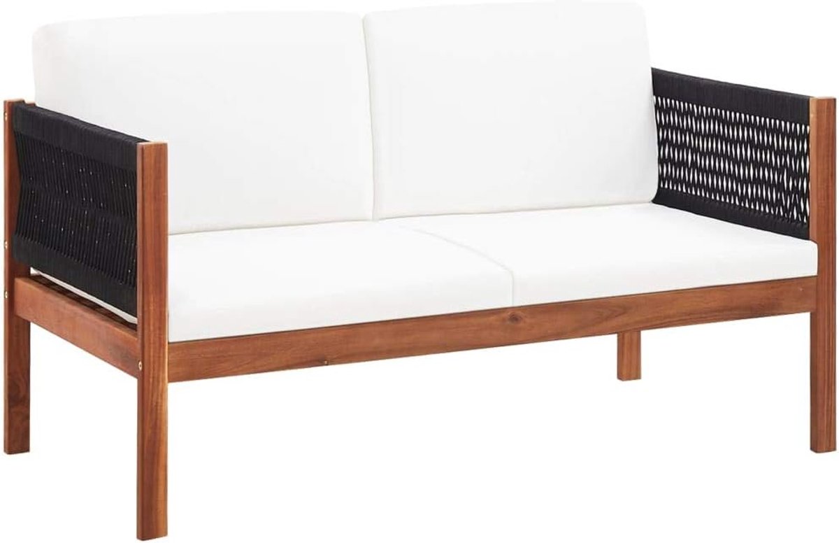 Tuinbank tuinbank 2-zits met uniek touwdesign, balkonbank bloemenbank 122 x 65 x 60 cm, massief hout acacia, natuurlijke houtkleuren + zwart