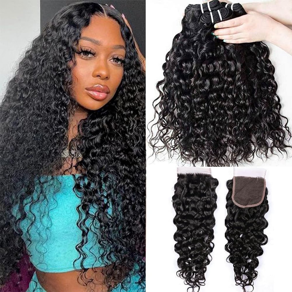 Human Hair Bundles with Closure Water Weave Bundles Human Hair 100% Unprocessed Brazilian Virgin Hair Bundles with 4x4 Closure 10 12 14+10 inch Natural Black