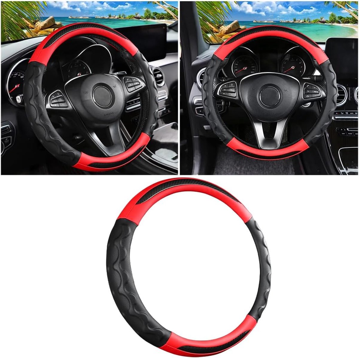 autostuurhoes, universeel, ademend, antislip, autostuurhoes, universeel, ademend, koolstofvezel, leer, sport, elastische autostuurhoes, rood