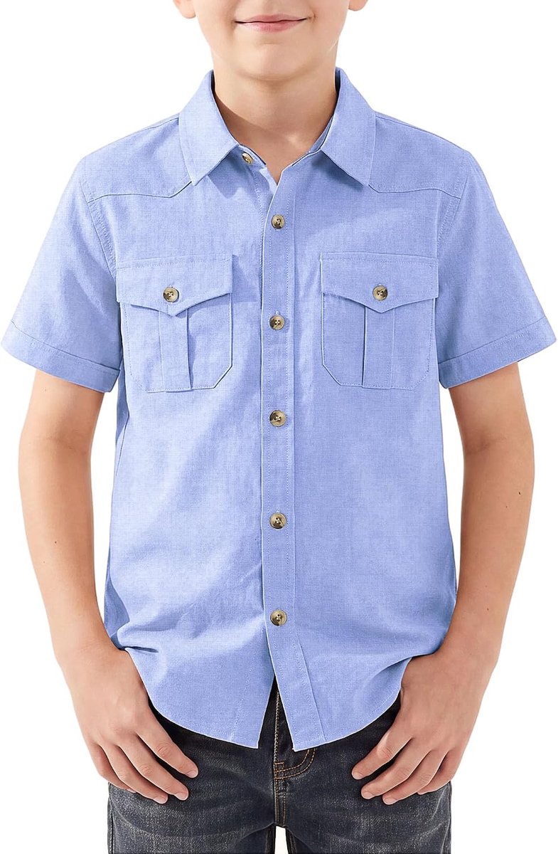 Jongens Shirt met Korte Mouwen Knoopkraag Schooluniform Shirt met Zakken